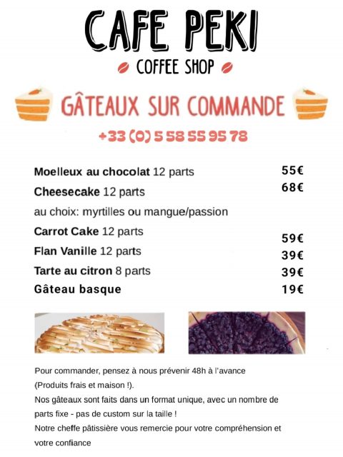 ☎️C'est reparti pour les commandes 🎊
🎂Votre gâteau préféré, rien que pour vous et ceux que vous aimez 🎊
⏳Merci de prévoir un délai de 48h minimum 🎊

Moelleux au Chocolat . Cheesecake . Carrot Cake . Flan Vanille . Tarte au Citron Meringuée. Gâteau Basque . Fait maison . Coffee shop. Contis plage
